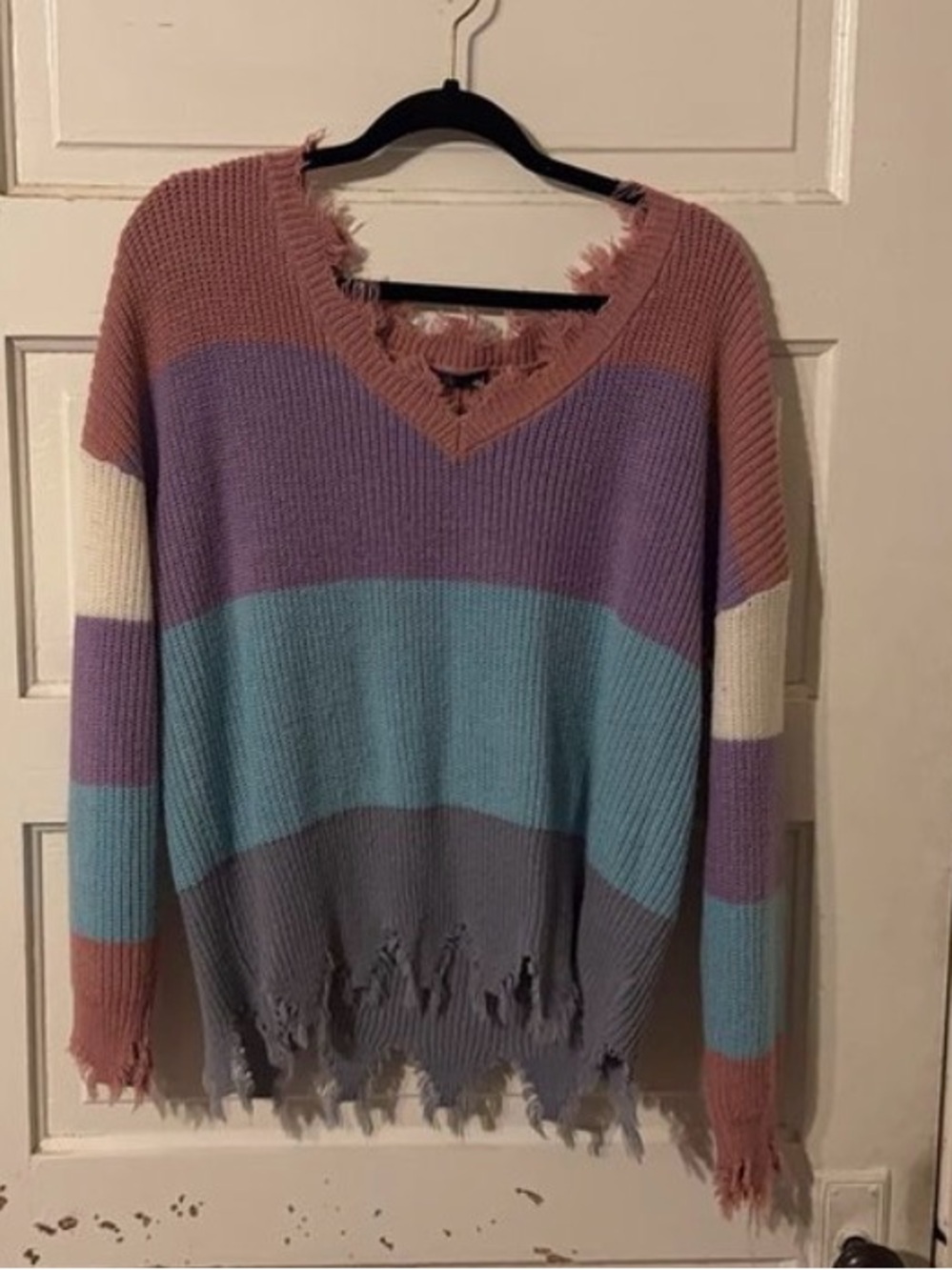 Distressed Pastel Stripe V-Neck Sweater - Pink, Purple, Blue